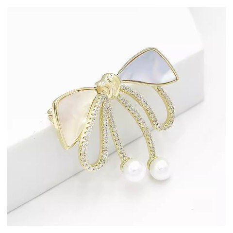 Broszka ozdobna złota KOKARDKA masa perłowa i cyrkonie BZ197