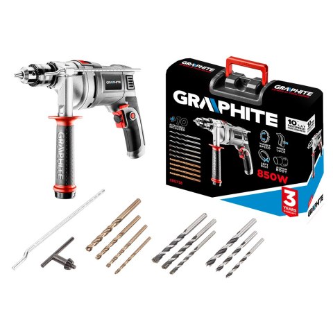 Wiertarka udarowa 850W, uchwyt kluczykowy 13 mm, obroty 0-3000 min??, walizka + 10 wierteł Wiertarka udarowa 850W, uchwyt kluczykowy 13 mm, obroty 0-3000 min??, walizka + 10 wierteł