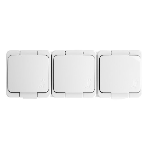 Gniazdo potrójne 3x 2P+Z SCHUKO bryzgoodporne klapką w kolorze IP44, SMART, biały Gniazdo potrójne 3x 2P+Z SCHUKO bryzgoodporne klapką w kolorze IP44, SMART, biały