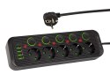 98-208# Przedłużacz sieciowy ps-530s 5-gniazd 4xusb 1xusb-c 3m czarny 2x1mm