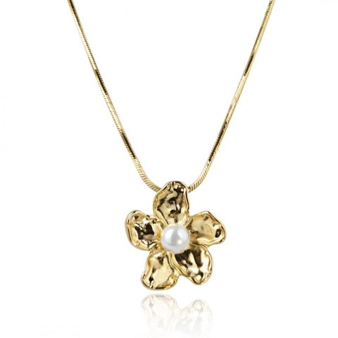 Naszyjnik stal szlachetna pozłacana 14k złotem KWIAT PERŁA NST2183