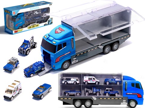TRANSPORTER CIĘŻARÓWKA TIR WYRZUTNIA + METALOWE AUTA POLICJA TRANSPORTER CIĘŻARÓWKA TIR WYRZUTNIA + METALOWE AUTA POLICJA