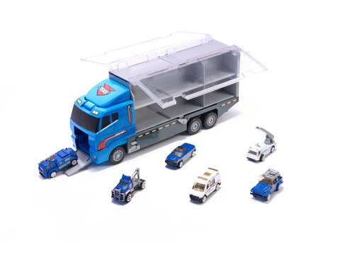 TRANSPORTER CIĘŻARÓWKA TIR WYRZUTNIA + METALOWE AUTA POLICJA TRANSPORTER CIĘŻARÓWKA TIR WYRZUTNIA + METALOWE AUTA POLICJA