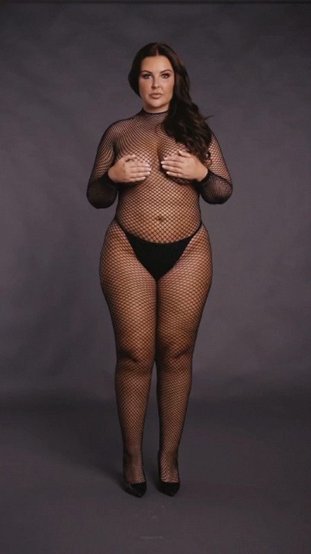 Bodystocking with fishnet structure, open crotch and turtle neck. Bodystocking with fishnet structure, open crotch and turtle neck.