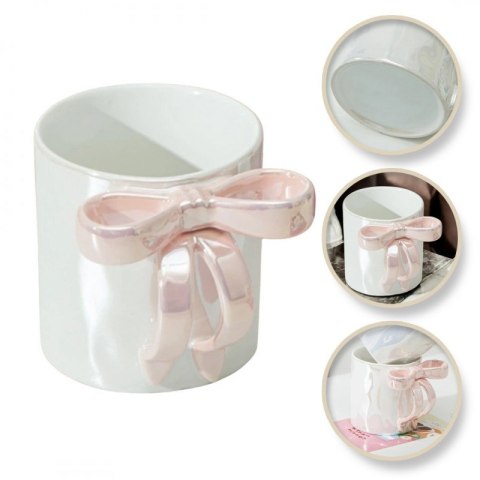 KuBek ceramiczny Biały perłowy z różową kokardą 350ml 1szt CUP23