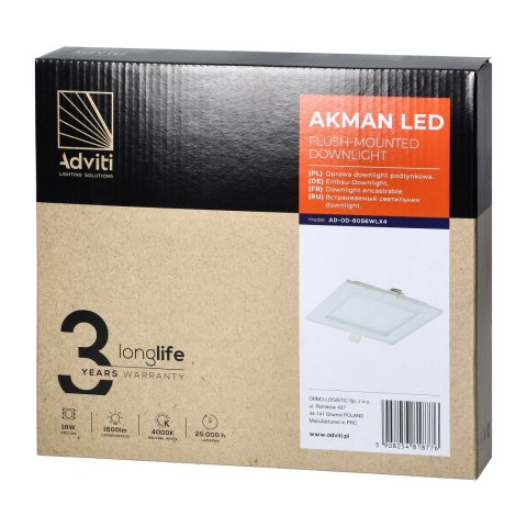 AKMAN LED 18W, oprawa downlight, podtynkowa, kwadratowa, 1600lm, 4000K, biała, wbudowany zasilacz LED AKMAN LED 18W, oprawa downlight, podtynkowa, kwadratowa, 1600lm, 4000K, biała, wbudowany zasilacz LED