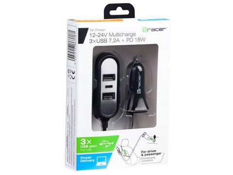 Ładowarka samochodowa TRACER 12-24V MULTICHARGE 3xUSB 7,2A + PD 18W Ładowarka samochodowa TRACER 12-24V MULTICHARGE 3xUSB 7,2A + PD 18W