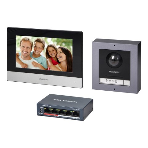 HIKVISION DS-KIS602(B) zestaw wideodomofonowy PoE jednorodzinny z monitorem dotykowym 7" z WiFi, panelem zewnętrznym z kamerą Fu HIKVISION DS-KIS602(B) zestaw wideodomofonowy PoE jednorodzinny z monitorem dotykowym 7" z WiFi, panelem zewnętrznym z kamerą Fu