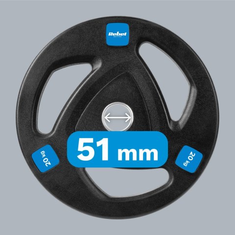 Obciążenie żeliwne olimpijskie gumowane 20kg, otwór 51mm , REBEL ACTIVE Obciążenie żeliwne olimpijskie gumowane 20kg, otwór 51mm , REBEL ACTIVE