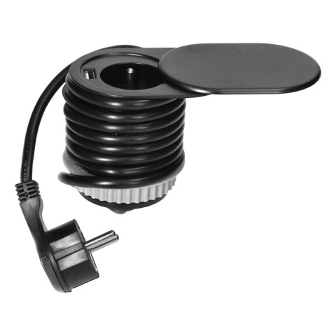 Gniazdo meblowe ?6cm, wpuszczane w blat z przesuwną pokrywką, ładowarką USB i przewodem 1,9m, 1x2P+Z, 1xUSB (2,4A), 3x1mm?, czar Gniazdo meblowe ?6cm, wpuszczane w blat z przesuwną pokrywką, ładowarką USB i przewodem 1,9m, 1x2P+Z, 1xUSB (2,4A), 3x1mm?, czar
