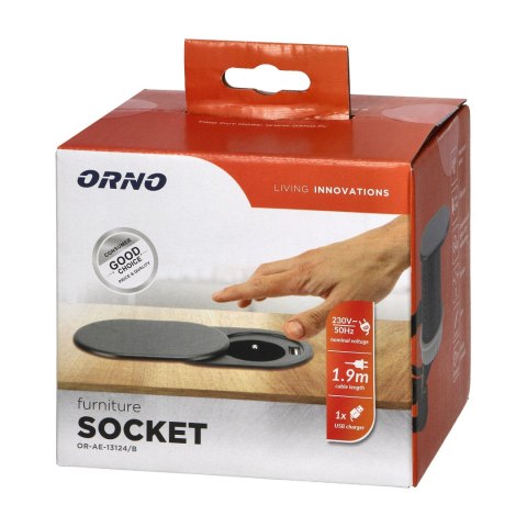 Gniazdo meblowe ?6cm, wpuszczane w blat z przesuwną pokrywką, ładowarką USB i przewodem 1,9m, 1x2P+Z, 1xUSB (2,4A), 3x1mm?, czar Gniazdo meblowe ?6cm, wpuszczane w blat z przesuwną pokrywką, ładowarką USB i przewodem 1,9m, 1x2P+Z, 1xUSB (2,4A), 3x1mm?, czar