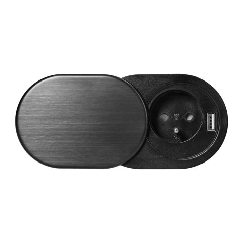 Gniazdo meblowe ?6cm, wpuszczane w blat z przesuwną pokrywką, ładowarką USB i przewodem 1,9m, 1x2P+Z, 1xUSB (2,4A), 3x1mm?, czar Gniazdo meblowe ?6cm, wpuszczane w blat z przesuwną pokrywką, ładowarką USB i przewodem 1,9m, 1x2P+Z, 1xUSB (2,4A), 3x1mm?, czar