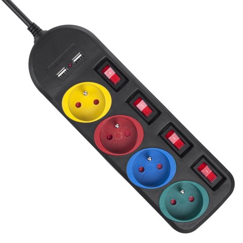 Listwa zasilająca Maclean, przedłużacz 4 gniazda + 2xUSB, z włącznikami, 250VAC/10A, 2.1A 5V, 1.5m, czarna, MCE229 B Listwa zasilająca Maclean, przedłużacz 4 gniazda + 2xUSB, z włącznikami, 250VAC/10A, 2.1A 5V, 1.5m, czarna, MCE229 B