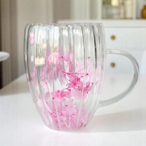 Szklanka termiczna ryflowana z kwiatami w środku, gipsówka róż 300 ml 1szt SZK157