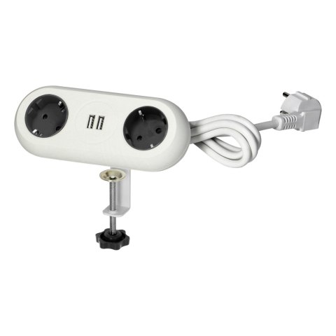 Gniazdo meblowe z uchwytem montażowym, ładowarką USB, 2 gniazda 2P+Z (Schuko), 2xUSB, przewód 3x1,5mm? - 1,4m, białe Gniazdo meblowe z uchwytem montażowym, ładowarką USB, 2 gniazda 2P+Z (Schuko), 2xUSB, przewód 3x1,5mm? - 1,4m, białe