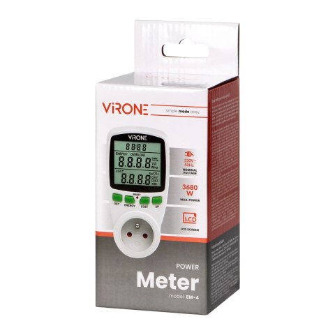 Jednotaryfowy watomierz, kalkulator energii z wyświetlaczem LCD, jedna taryfa, wbudowany akumulator Jednotaryfowy watomierz, kalkulator energii z wyświetlaczem LCD, jedna taryfa, wbudowany akumulator