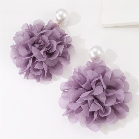 Kolczyki wiszące, efektowne tiulowe kwiat z perła, sztyft fiolet K1709