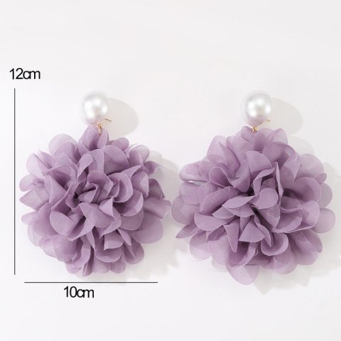 Kolczyki wiszące, efektowne tiulowe kwiat z perła, sztyft fiolet K1709