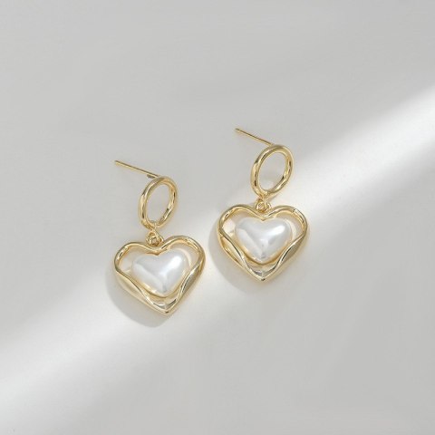 Kolczyki ze stali szlachetnej platerowane 14k złote, perły SERCA KST3341