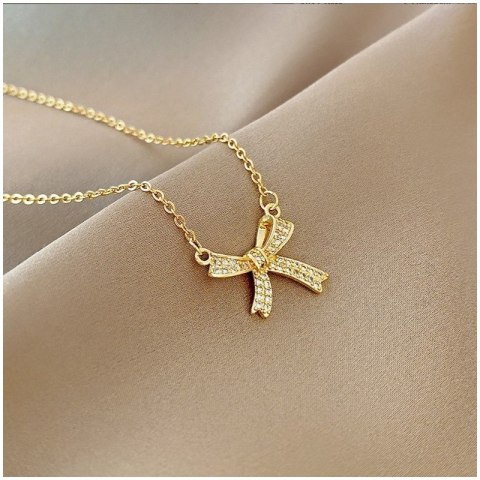 Naszyjnik stal szlachetna pozłacana 14k złotem KOKARDA cyrkonie NST2166