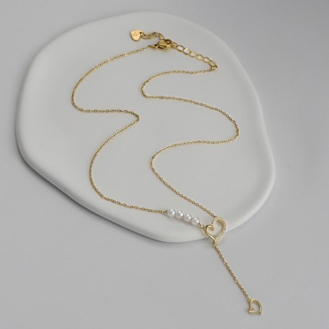 Naszyjnik stal szlachetna pozłacana 14k złotem, SERCA z cyrkoniami, perły NST2172