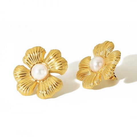 Kolczyki KWIATY ze stali szlachetnej platerowane 14k złotem, sztyft perły KST3323