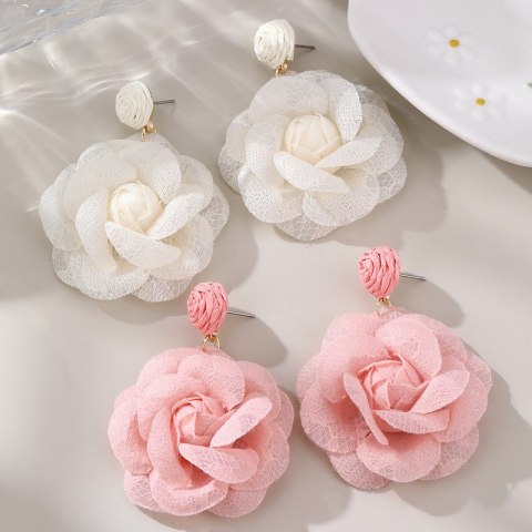 Kolczyki wiszące, efektowne koronkowe kwiat, różowa RÓŻA sztyft K1707