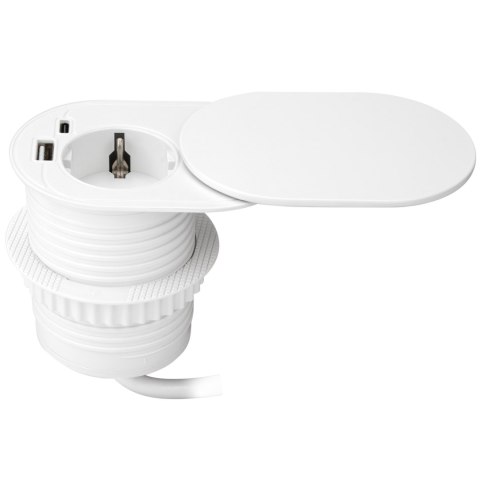 Gniazdo meblowe ?6cm, wpuszczane w blat z przesuwną pokrywką, ładowarką USB i przewodem 1,9m, 1x2P+Z (Schuko), 2xUSB (typ A+C; P Gniazdo meblowe ?6cm, wpuszczane w blat z przesuwną pokrywką, ładowarką USB i przewodem 1,9m, 1x2P+Z (Schuko), 2xUSB (typ A+C; P