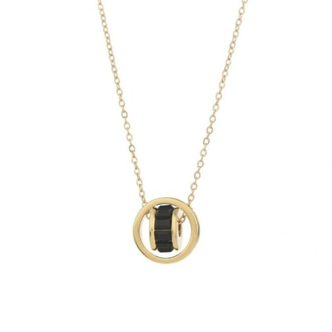 Naszyjnik stal szlachetna pozłacana 14k złotem, kółka, czarne kamienie NST2173