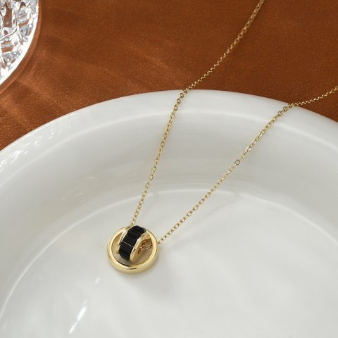Naszyjnik stal szlachetna pozłacana 14k złotem, kółka, czarne kamienie NST2173