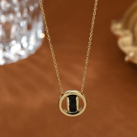 Naszyjnik stal szlachetna pozłacana 14k złotem, kółka, czarne kamienie NST2173