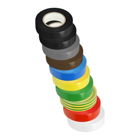 Zestaw 10 taśm 19mm, 2x czarna, szara, brązowa, niebieska, żółta, zielona, żółto-zielona, czerwona, biała, długość 20m Zestaw 10 taśm 19mm, 2x czarna, szara, brązowa, niebieska, żółta, zielona, żółto-zielona, czerwona, biała, długość 20m