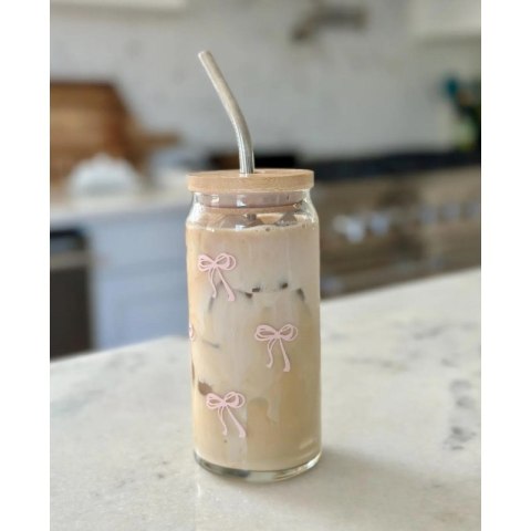 Szklanka, różowe kokardki - z rurką i bambusową pokrywką 500 ml - SZK131