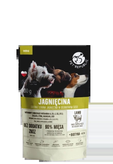 PetRepublic drobno siekane kawałki w delikatnym sosie - jagnięcina 100g dla psa PetRepublic drobno siekane kawałki w delikatnym sosie - jagnięcina 100g dla psa