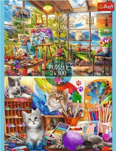 Puzzle 2x500 elementów sztuka malowania kotki Puzzle 2x500 elementów sztuka malowania kotki