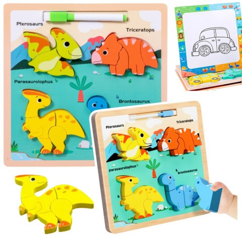 Układanka Tablica 2w1 Drewniana Edukacyjna Dinozaury Pisak Układanka Tablica 2w1 Drewniana Edukacyjna Dinozaury Pisak