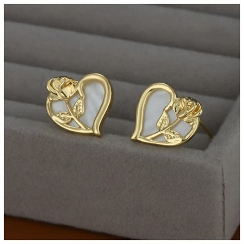 Kolczyki ze stali szlachetnej pozłacanej 14k złotem, SERCE RÓŻA sztyft srebro S925 KST3368