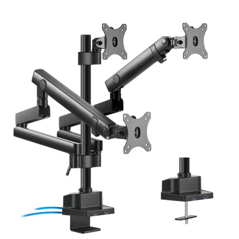 Uchwyt biurkowy na 3 monitory LCD Maclean, VESA 75x75 oraz 100x100, 2x USB 3.0, 17-27", 3x7kg, MC-811 Uchwyt biurkowy na 3 monitory LCD Maclean, VESA 75x75 oraz 100x100, 2x USB 3.0, 17-27", 3x7kg, MC-811