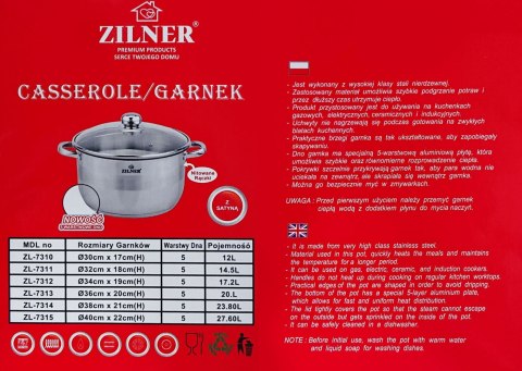 GARNEK STALOWY 24L 38cm DNO 5 WARSTWOWE ZILNER ZL-7314 GARNEK STALOWY 24L 38cm DNO 5 WARSTWOWE ZILNER ZL-7314