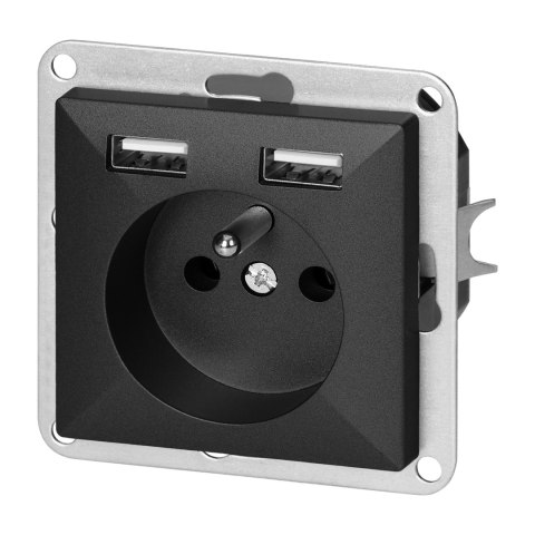 Gniazdo pojedyncze p/t 2P+Z z ładowarką Pearl, 16A, 250V, PT-16P/USB, czarny Gniazdo pojedyncze p/t 2P+Z z ładowarką Pearl, 16A, 250V, PT-16P/USB, czarny