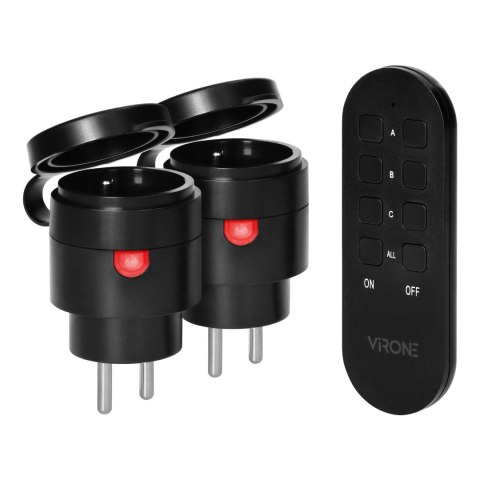 Zestaw bezprzewodowych gniazd MINI, sterowanych pilotem 2+1, 2300W, IP44 Zestaw bezprzewodowych gniazd MINI, sterowanych pilotem 2+1, 2300W, IP44