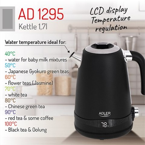 AD 1295 BLACK CZAJNIK METALOWY 1,7L Z LCD & REGULACJĄ TEM PERATURY AD 1295 BLACK CZAJNIK METALOWY 1,7L Z LCD & REGULACJĄ TEM PERATURY