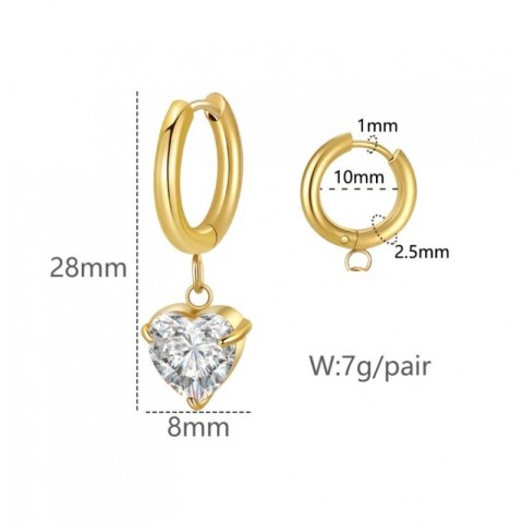Kolczyki ze stali szlachetnej pozłacanej 14k złotem z cyrkoniami, SERCE KST3389