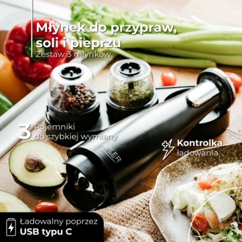 AD 4449 black Młynek do przypraw, soli i pieprzu - zestaw 3 młynków - usb AD 4449 black Młynek do przypraw, soli i pieprzu - zestaw 3 młynków - usb