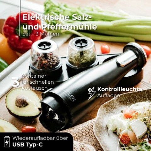 AD 4449 black Młynek do przypraw, soli i pieprzu - zestaw 3 młynków - usb AD 4449 black Młynek do przypraw, soli i pieprzu - zestaw 3 młynków - usb