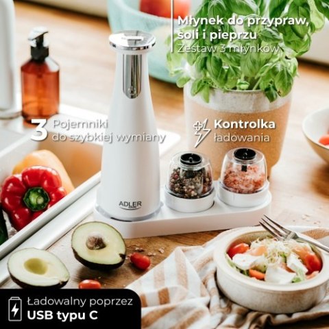 AD 4449 white Młynek do przypraw, soli i pieprzu - zestaw 3 młynków - usb AD 4449 white Młynek do przypraw, soli i pieprzu - zestaw 3 młynków - usb