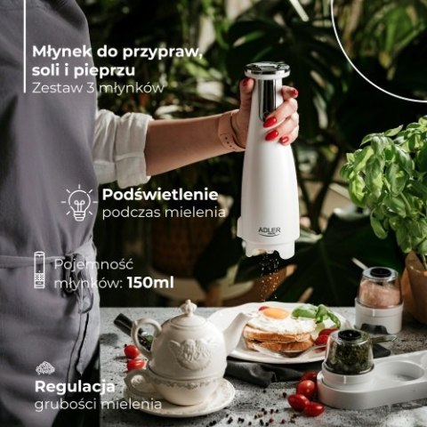 AD 4449 white Młynek do przypraw, soli i pieprzu - zestaw 3 młynków - usb AD 4449 white Młynek do przypraw, soli i pieprzu - zestaw 3 młynków - usb