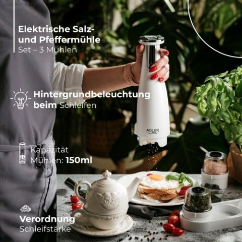 AD 4449 white Młynek do przypraw, soli i pieprzu - zestaw 3 młynków - usb AD 4449 white Młynek do przypraw, soli i pieprzu - zestaw 3 młynków - usb