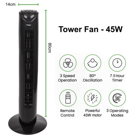 Wentylator kolumnowy GreenBlue 45W z 3 poziomami siły nawiewu, 82cm wysokości, 1,5m przewodu, z pilotem i timerem GB645 Wentylator kolumnowy GreenBlue 45W z 3 poziomami siły nawiewu, 82cm wysokości, 1,5m przewodu, z pilotem i timerem GB645