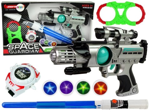 Zestaw Wojownika Kosmosu Pistolet Laserowy Miecz Świetlny Kajdanki Miotacz Dysków Zestaw Wojownika Kosmosu Pistolet Laserowy Miecz Świetlny Kajdanki Miotacz Dysków